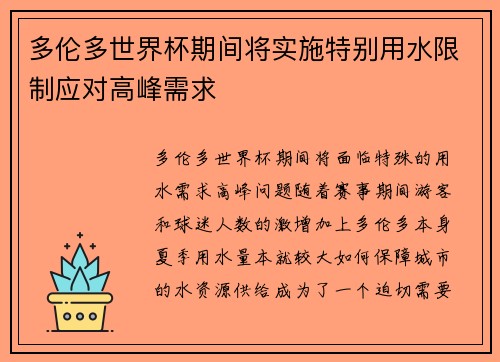 多伦多世界杯期间将实施特别用水限制应对高峰需求
