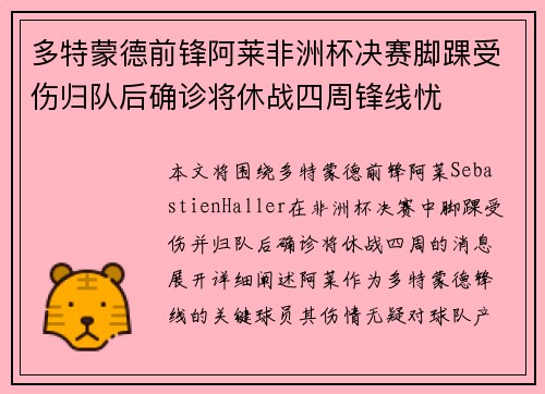 多特蒙德前锋阿莱非洲杯决赛脚踝受伤归队后确诊将休战四周锋线忧