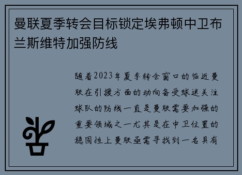 曼联夏季转会目标锁定埃弗顿中卫布兰斯维特加强防线